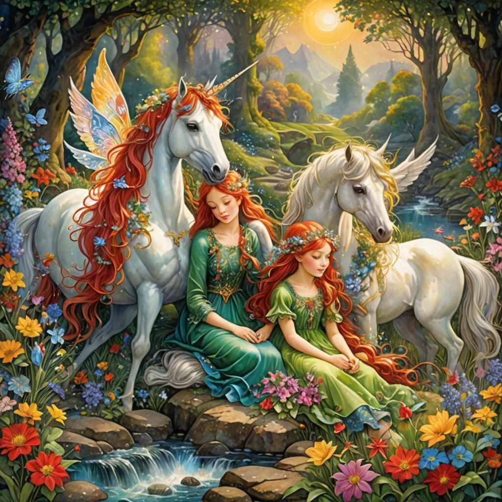 Fairies and Unicorns in Fantasy Landscape