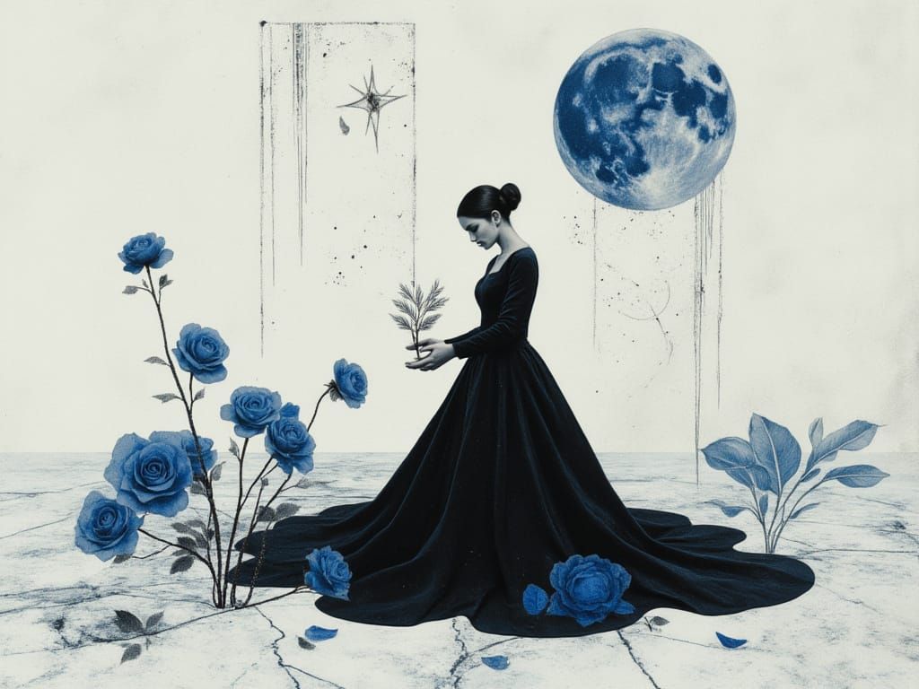 Gothic Surrealism: Porcelain Figure with Sapphire Roses