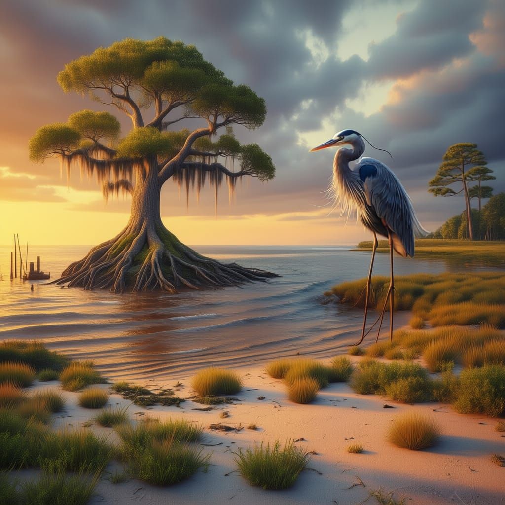 Blue Heron on Pier at Sunset: Fantasy Matte Painting
