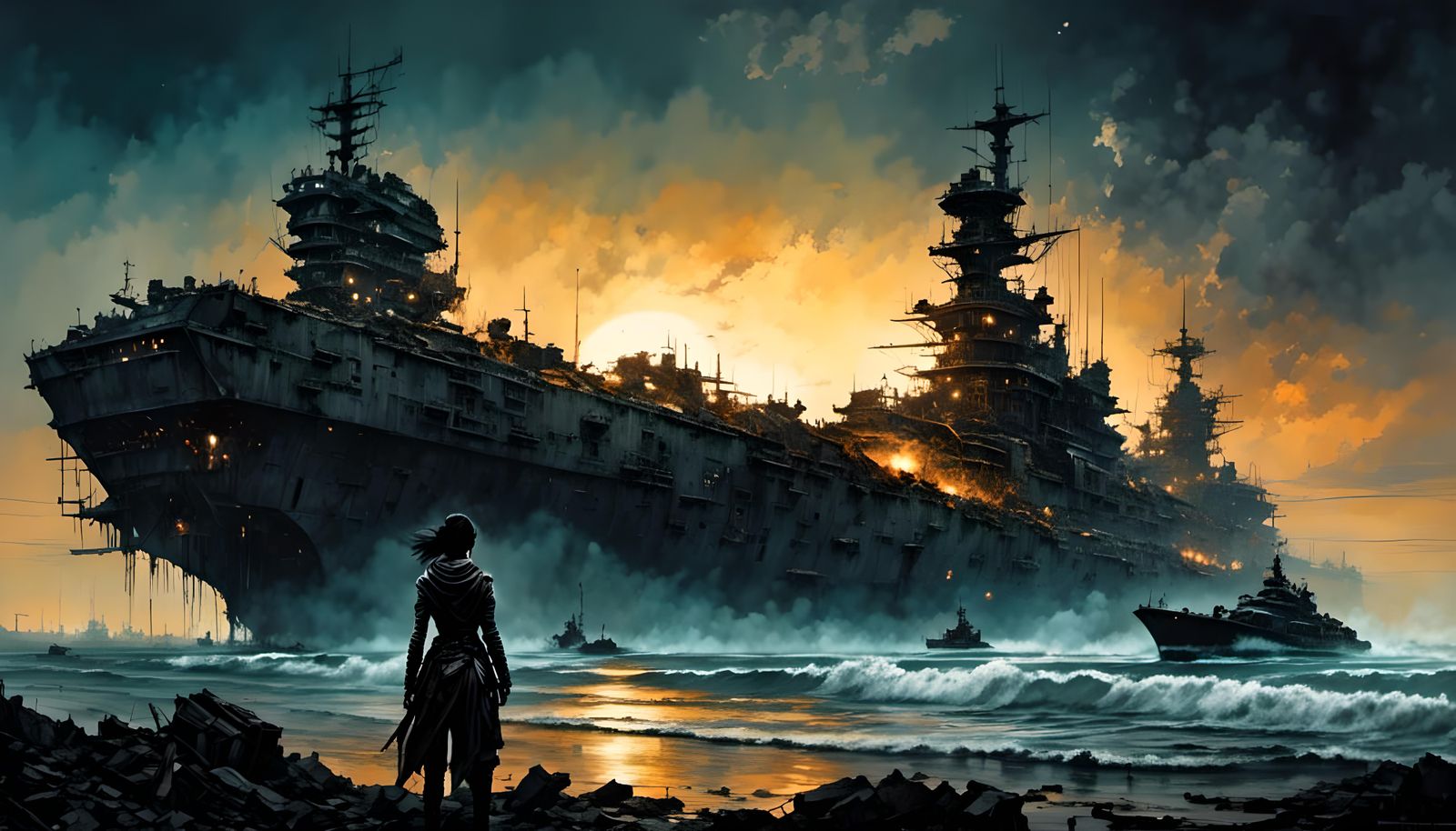 Dark-Haired Cyborg Watches Battleship Fall in Apocalypse
