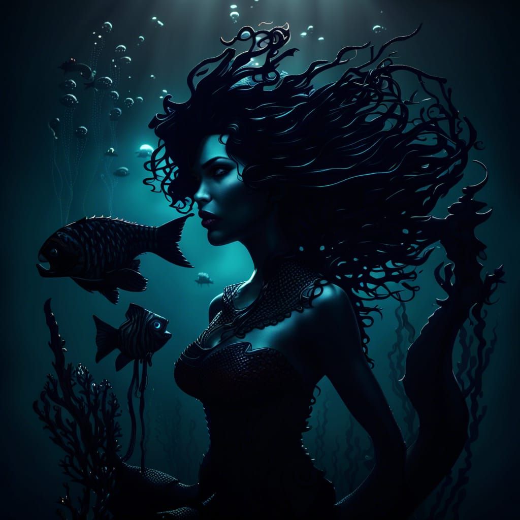Evil Gothic Mermaid in Noir Style