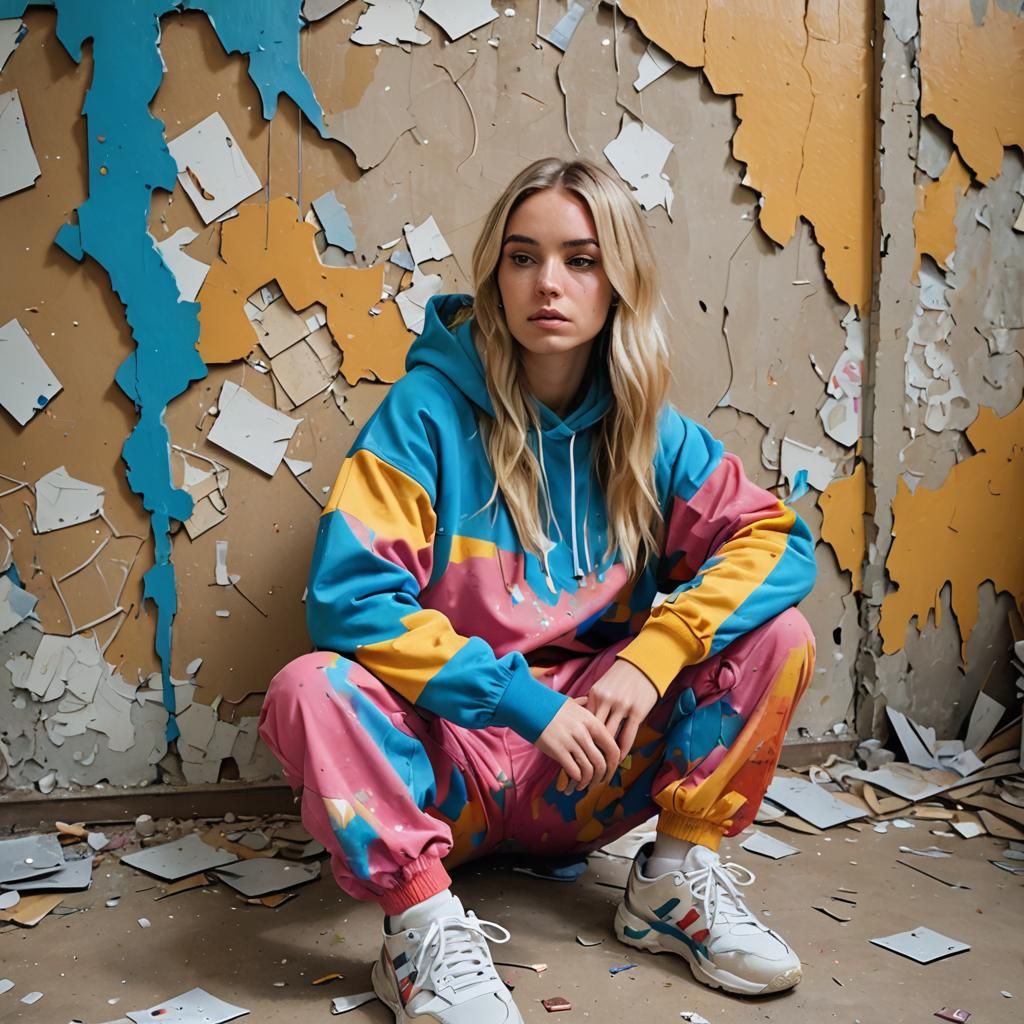 Optical Art: Girl in Tracksuit in Abandoned House
