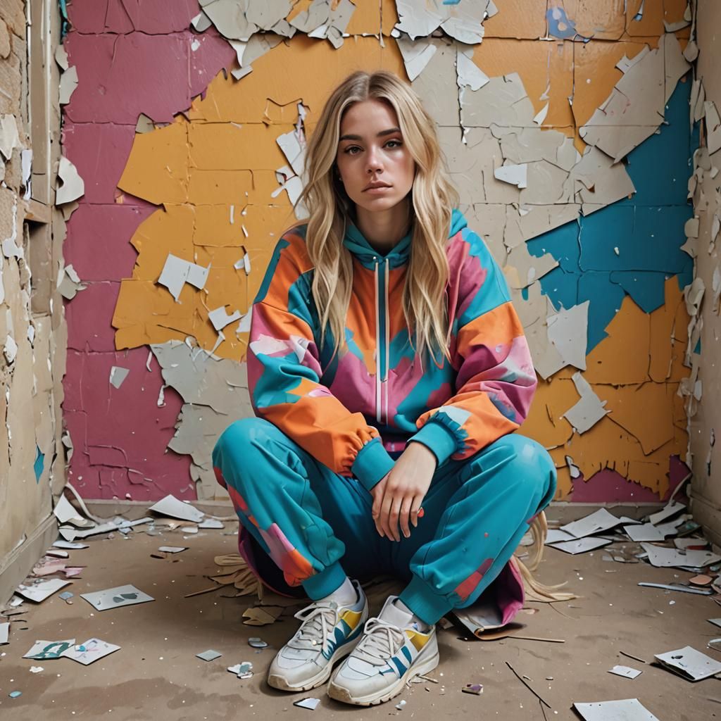 Optical Art: Girl in Tracksuit in Abandoned House