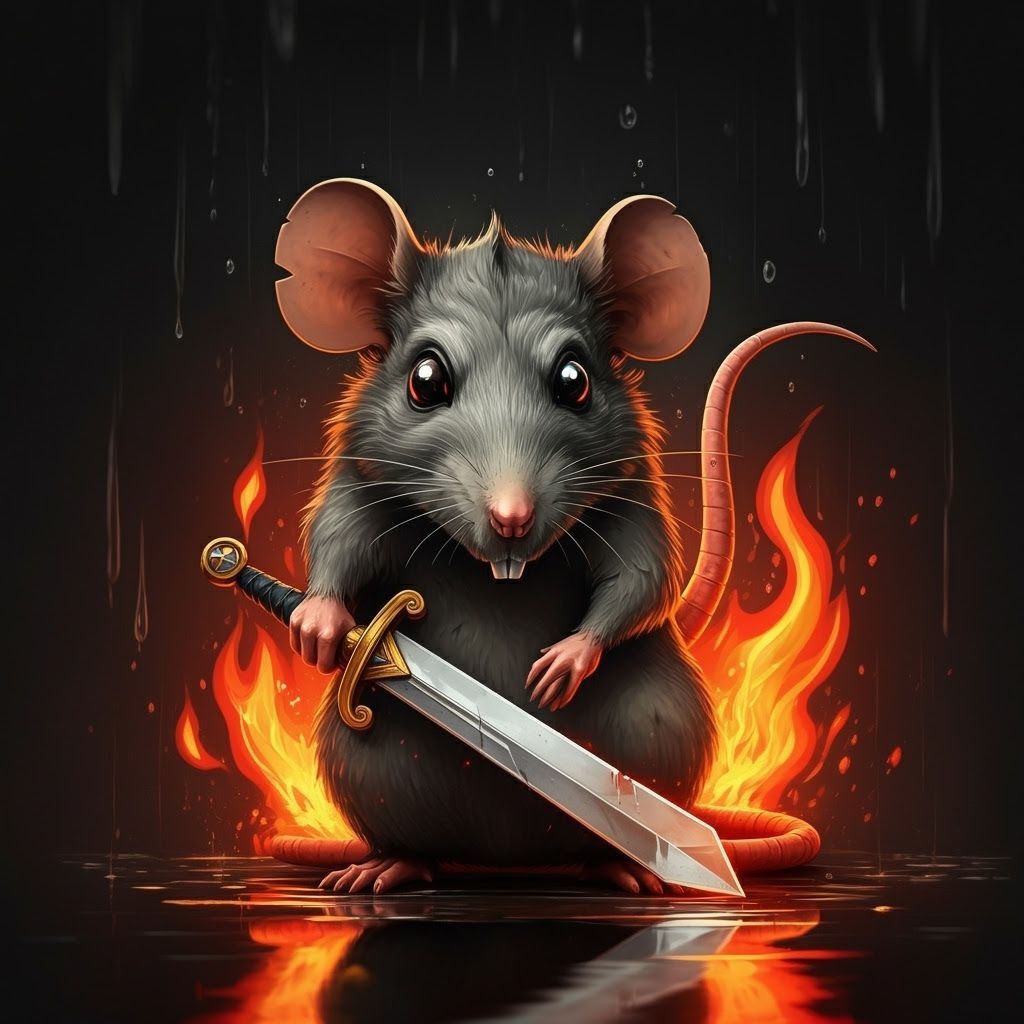 Brave Cartoon Rat Wields Sword Amidst Fiery Flames