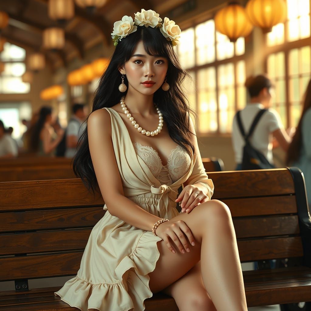 Japanese Woman in Train Station: Photorealistic Image