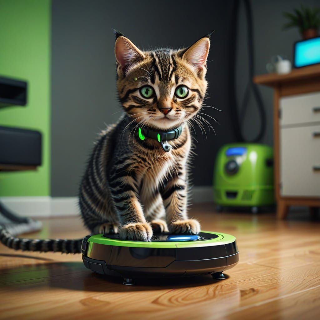 Cute Tabby Kitten on Robot Vacuum in Vibrant Digital Art