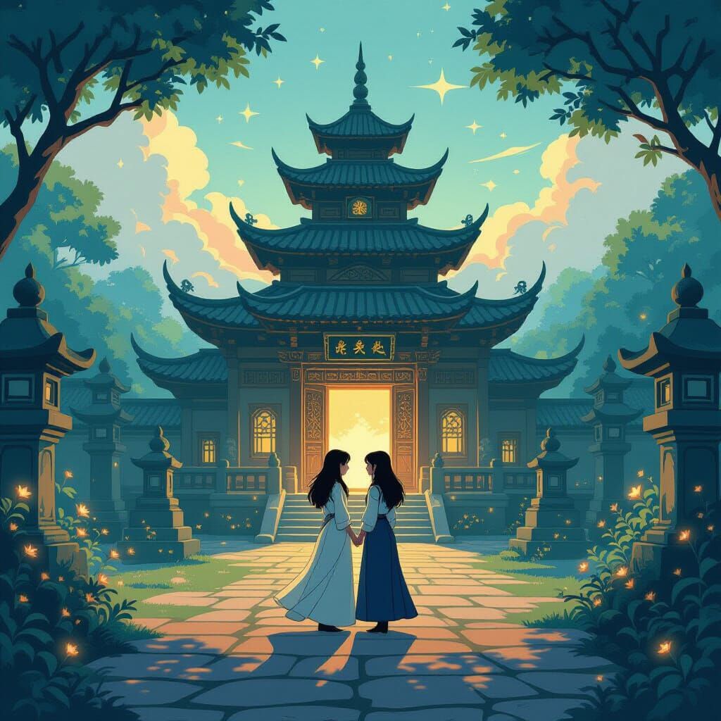 Romantic Encounter at Twilight Temple: Ghibli Style