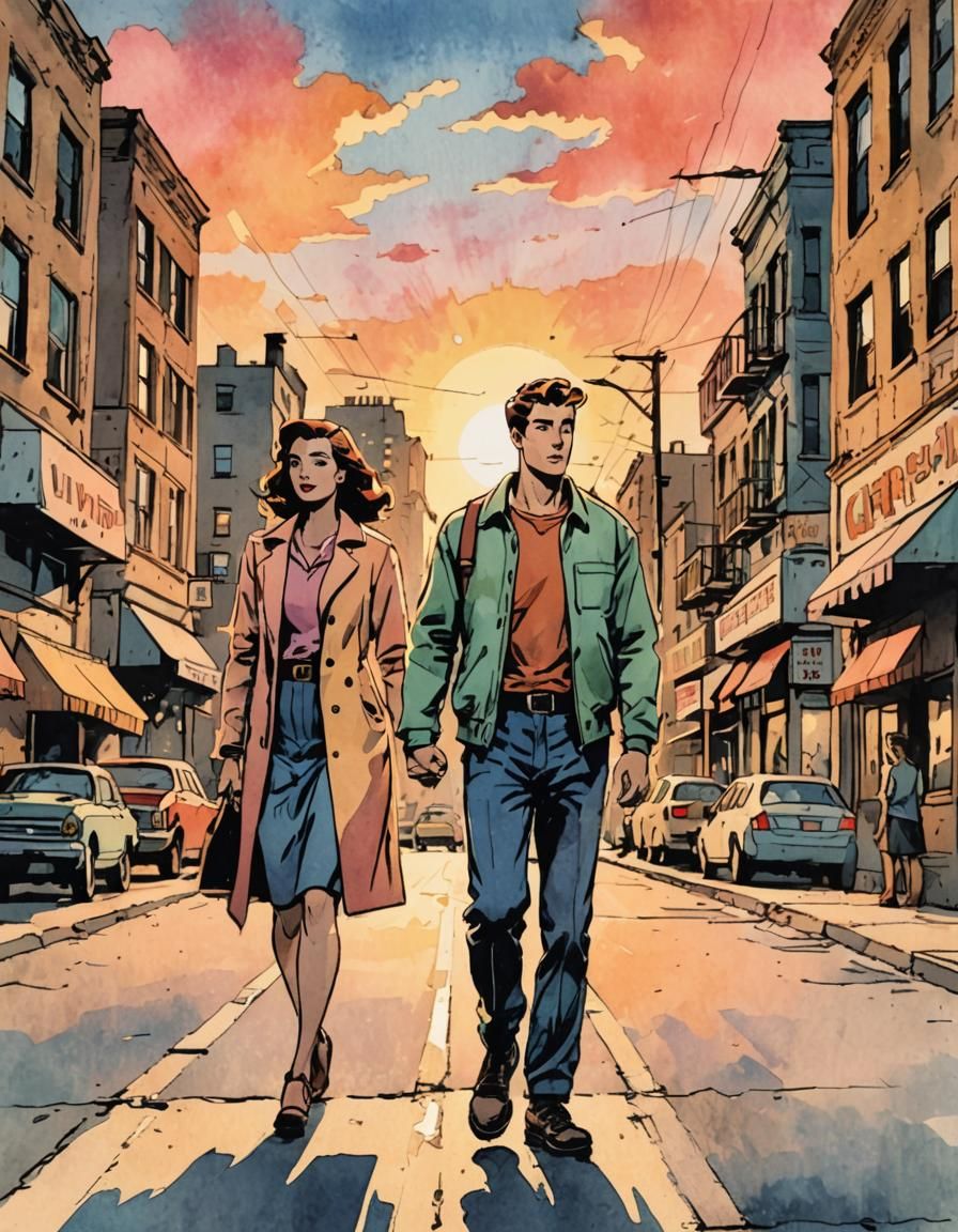 Retro Comic Couple at Sunset in Watercolor