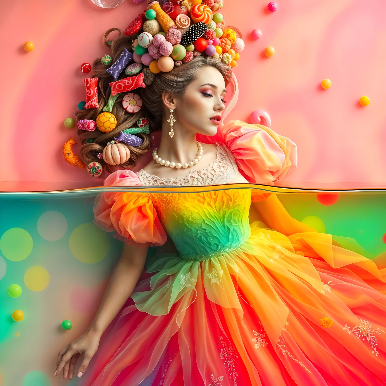 A Woman in a Rainbow-Colored Jello Vat, Adorned with Candy