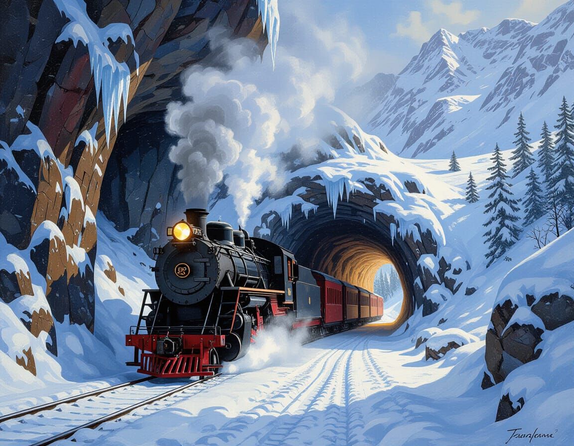 Steam Train Emerges from Snowy Cave Tunnel in Winter Mountai...
