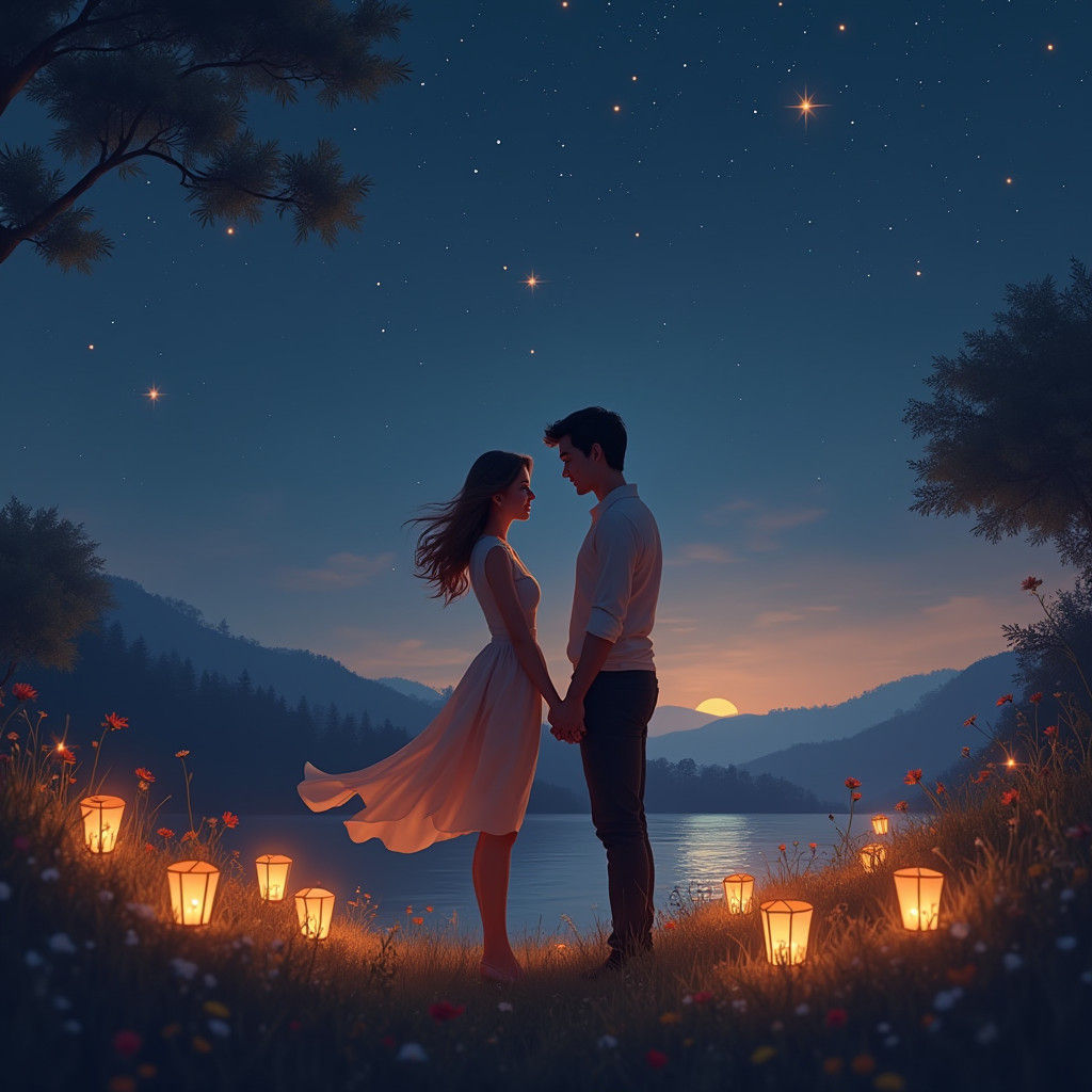 Romantic Couple Under Starry Lantern Sky