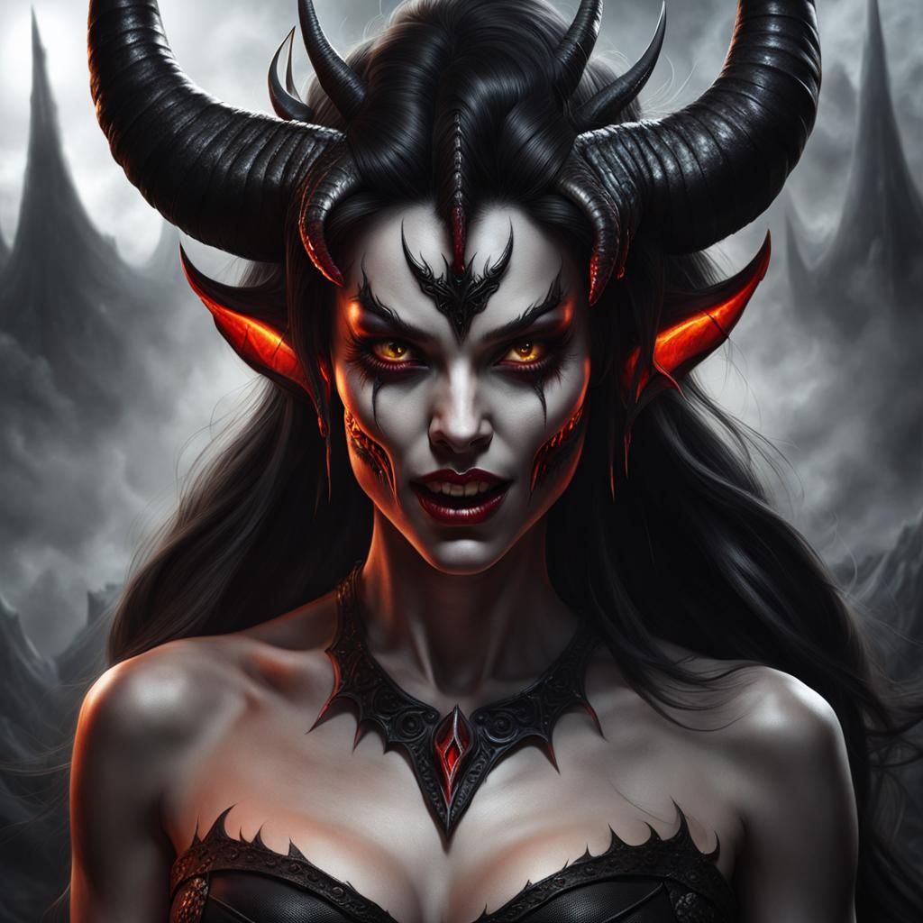 Striking Photorealistic Female Demon with Fiery Eyes