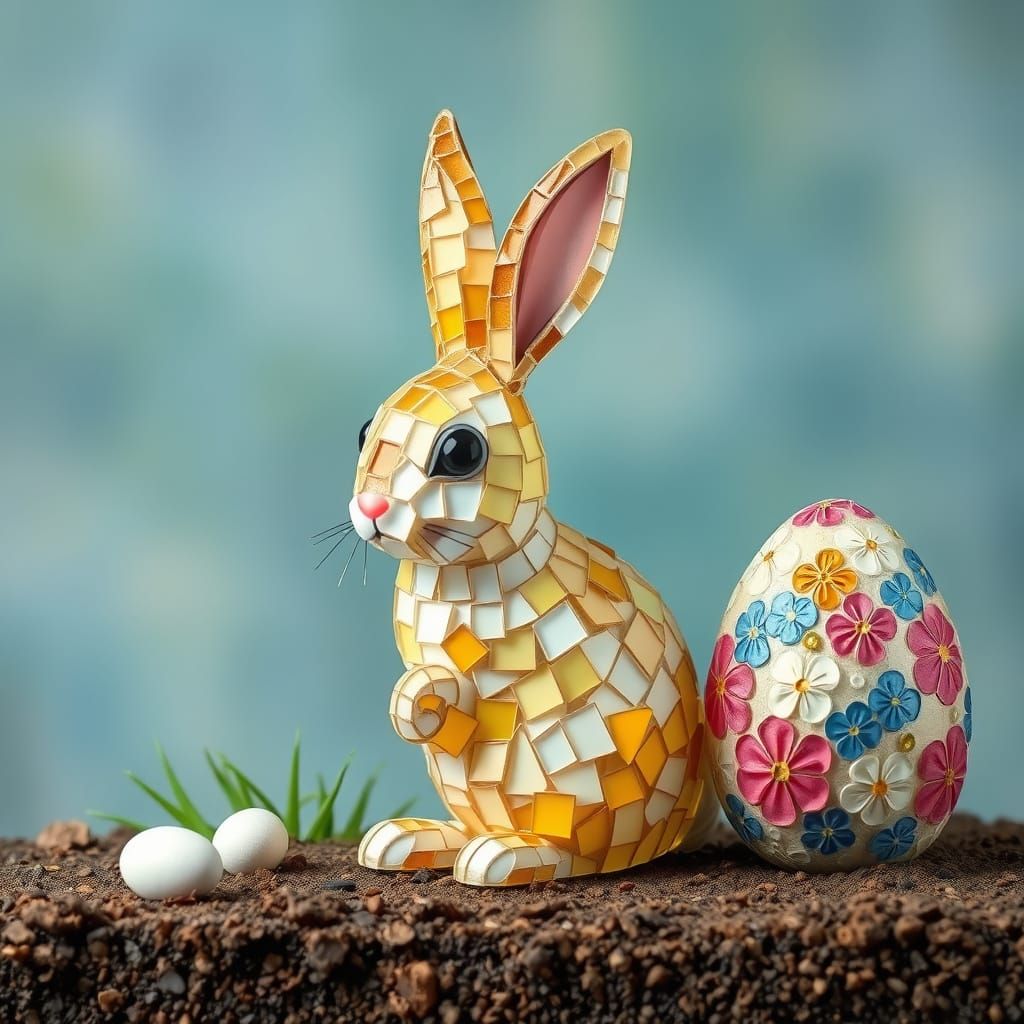 Stunning Realism Mosaic Art Featuring a Fluffy Bunny and a B...