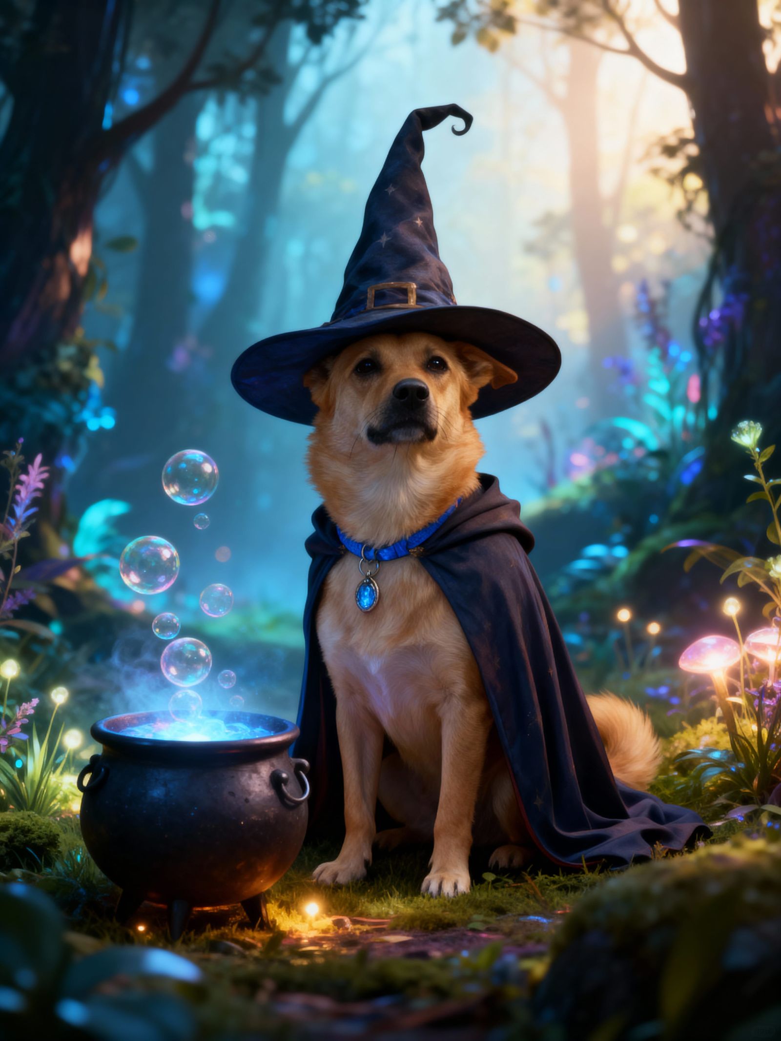 Cute Wizard Dog in Magical Forest with Bubbling Cauldron