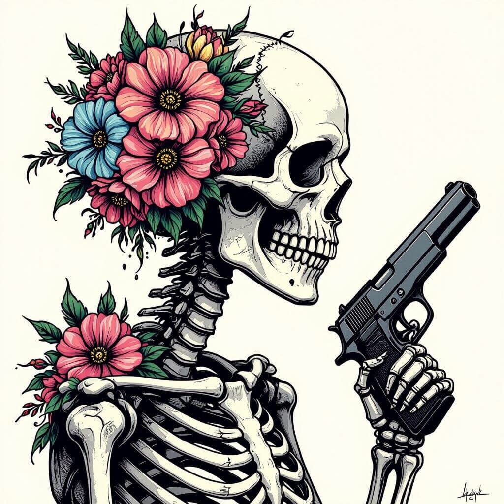 Skeleton Tattoo Art with Blooming Flowers