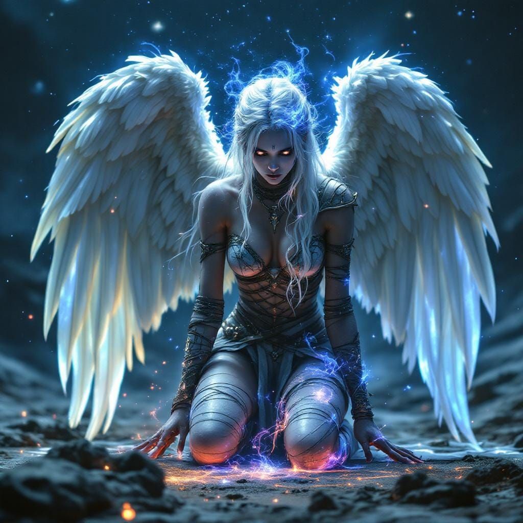 Celestial Dark Angel Kneeling Under Starry Sky