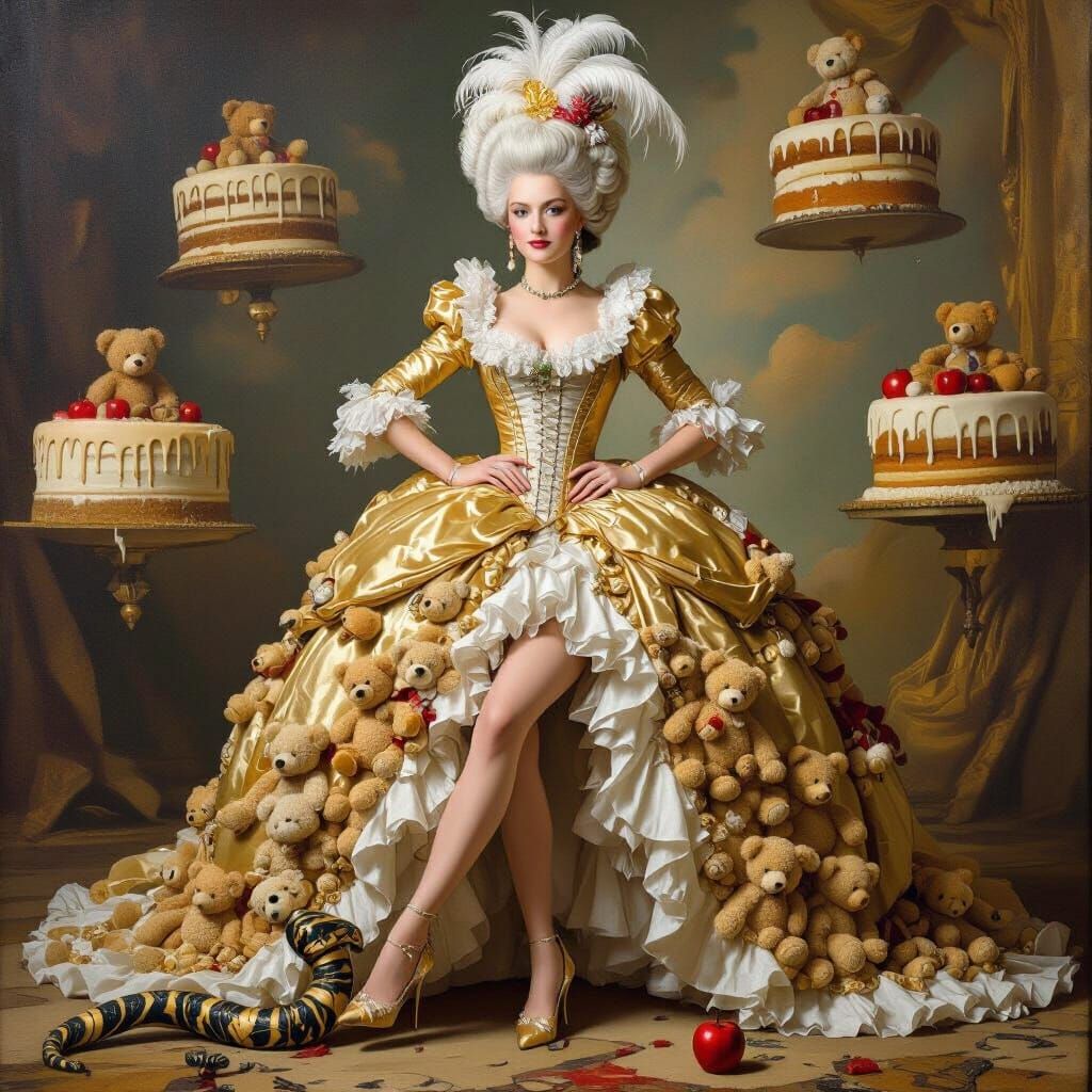 Marie Antoinette in Surreal Teddy Bear Gown with Snake-Man