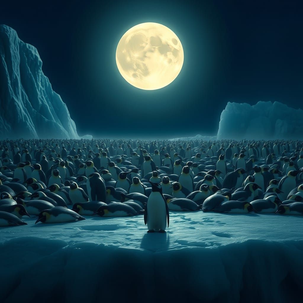 Majestic Penguin Colony Under Moonlight in Hyperrealistic St...