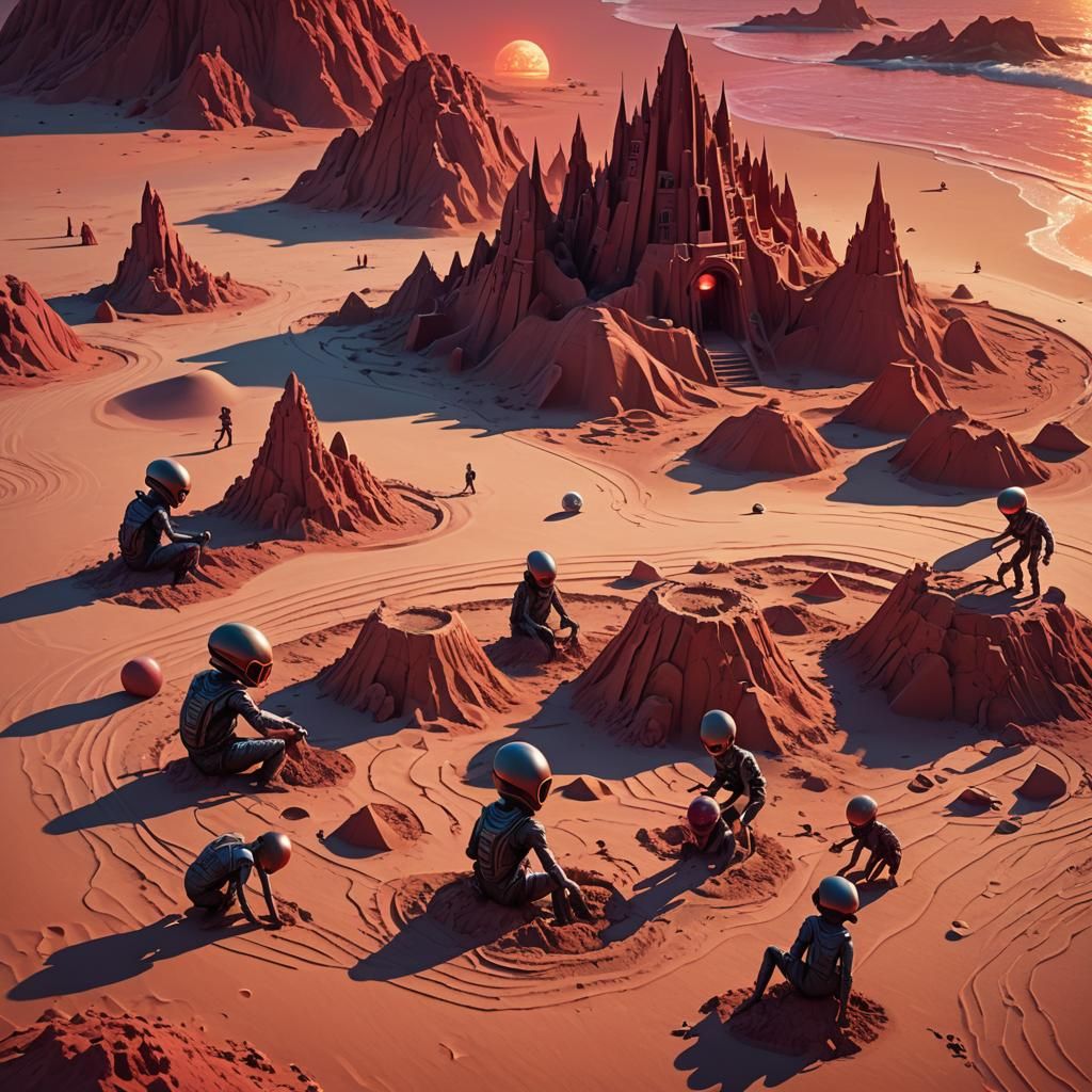 Alien Children Build Sandcastle on Red Beach