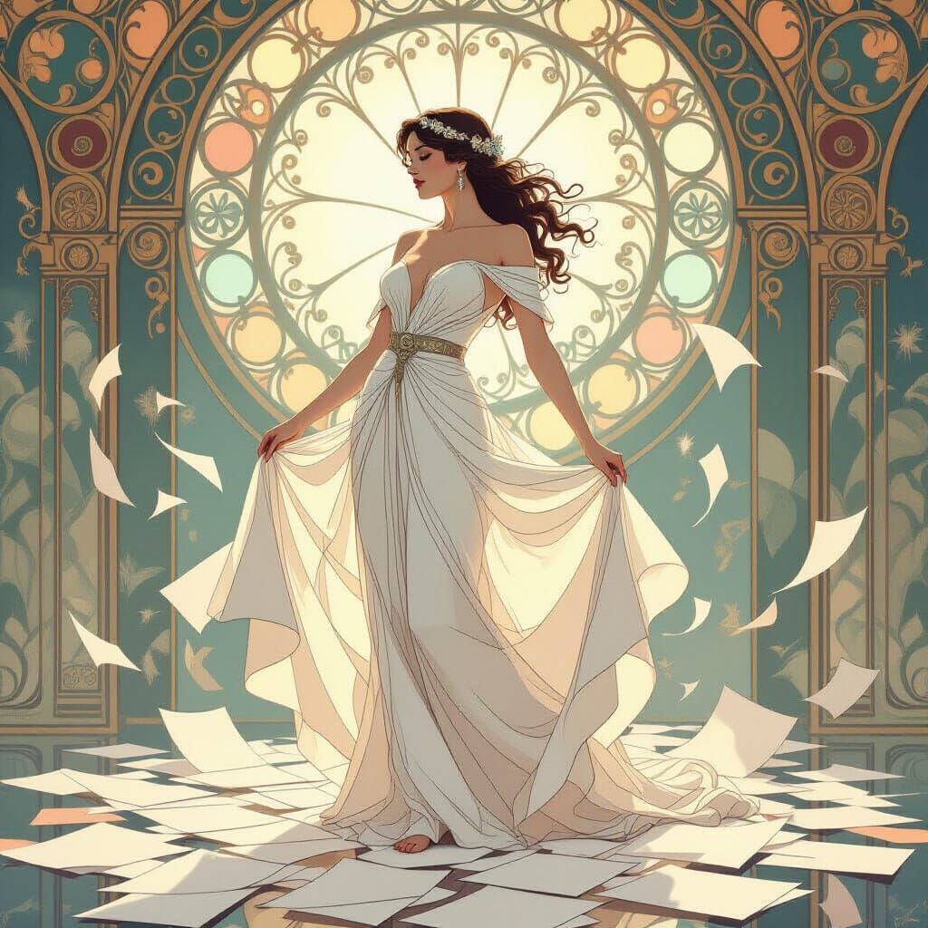 Ethereal Woman in Flowing Paper Dress, Art Nouveau Style