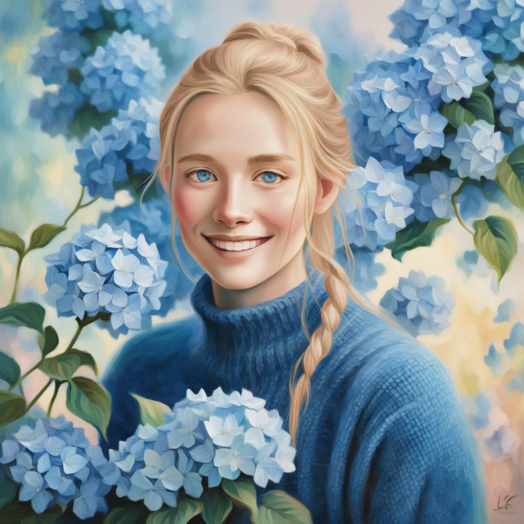 Impressionist Woman in Blue Hydrangea Garden