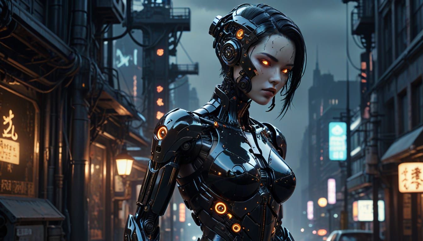 Gothic Gynoid Robot in Cyberpunk Cityscape