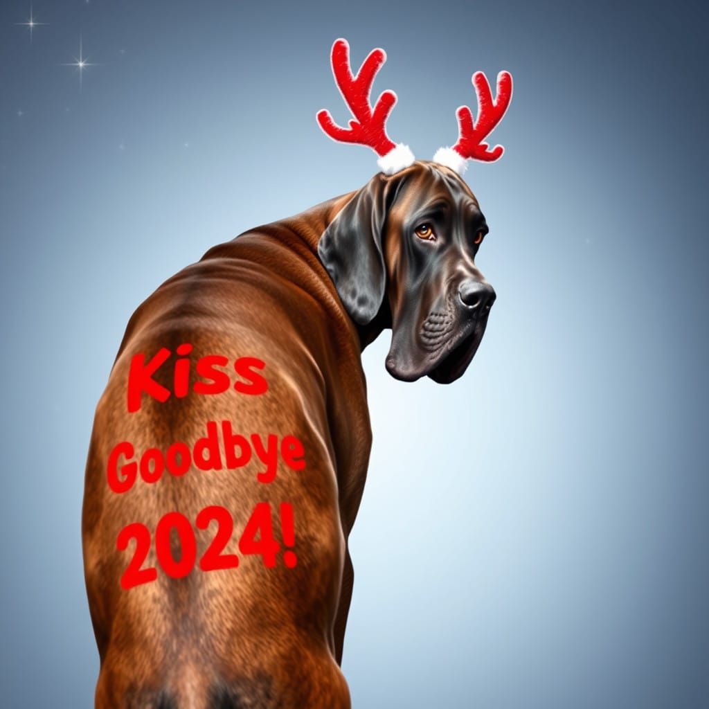 Playful Great Dane Wishes Goodbye to 2024 in Festive Holiday...