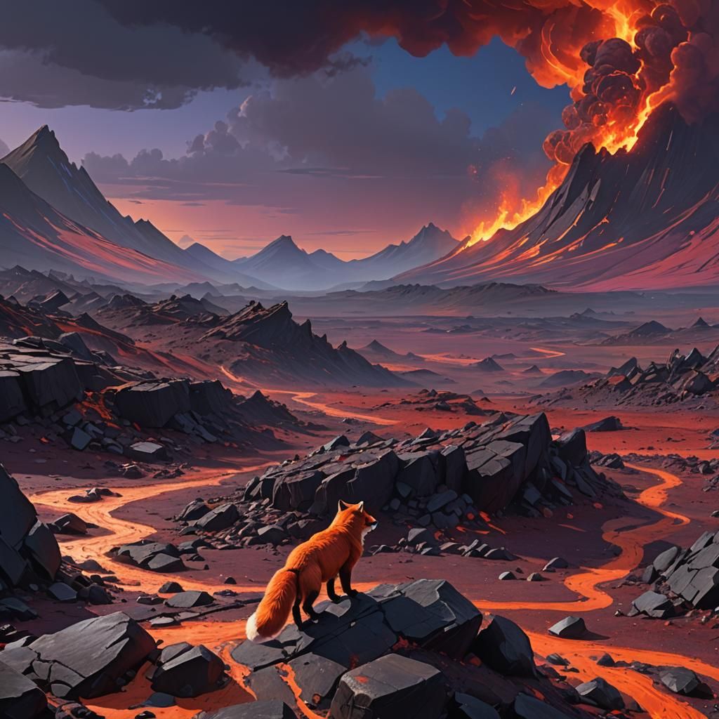 Firefox Walking on Magma in Volcanic Landscape