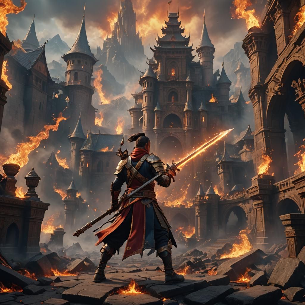 Fiery Swordsman in Detailed Matte Painting