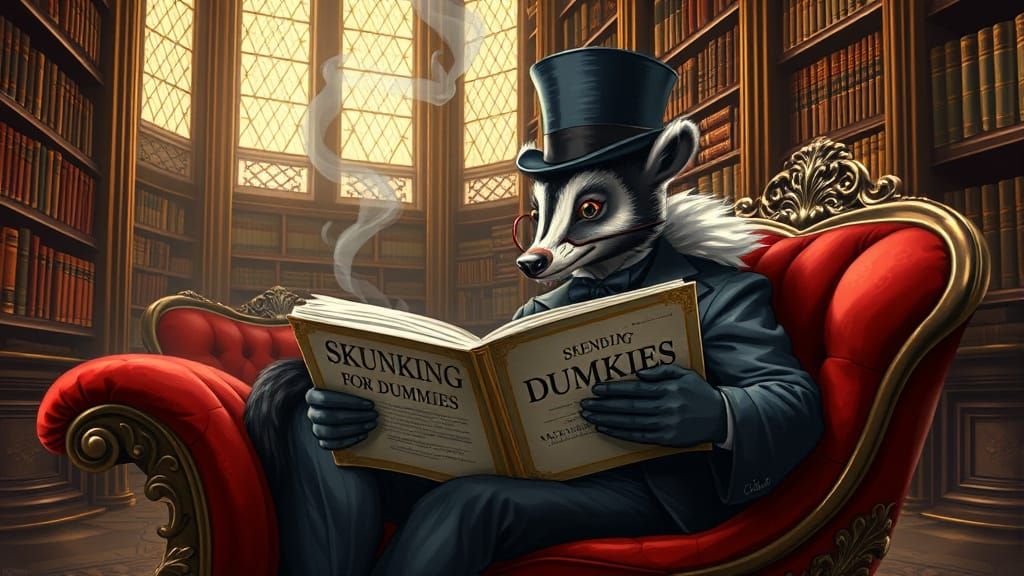 Victorian Skunk Reads in Opulent Library