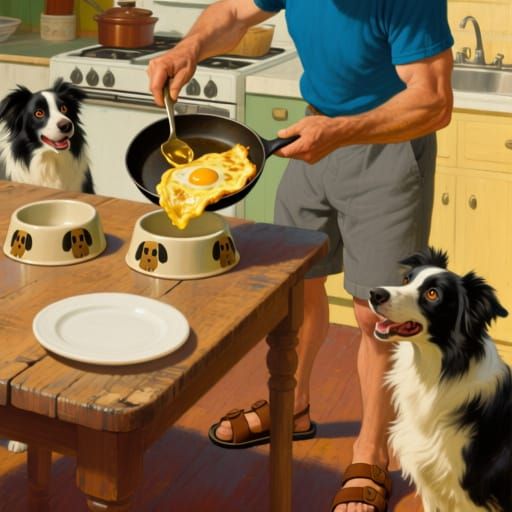 Man Serves Golden Omelette to Eager Border Collies
