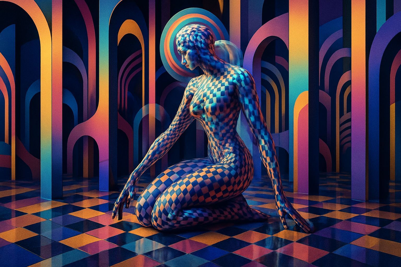 Abstract Humanoid in Escher-Inspired Cityscape