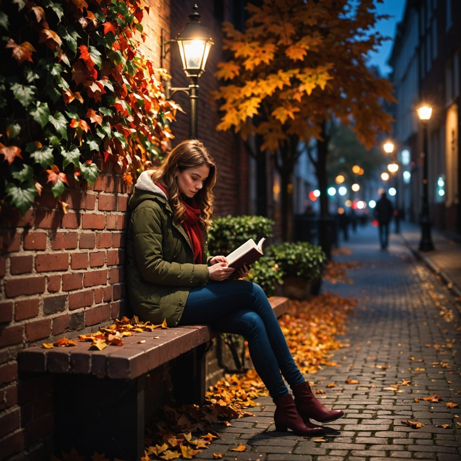 Woman Reading on Bench Under Ivy-Covered Wall at Night