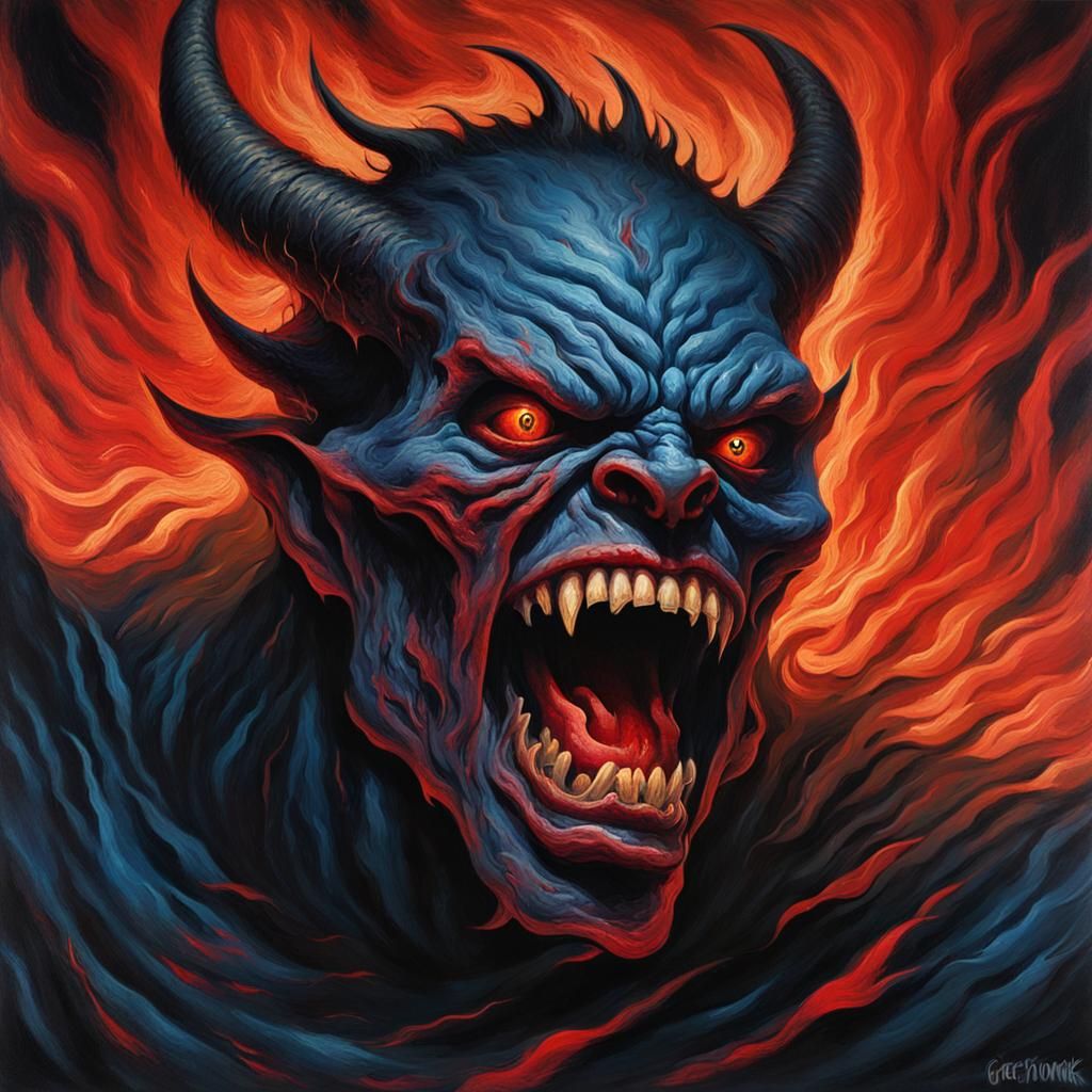 Demon's Agony: A Dark Gothic Oil Painting