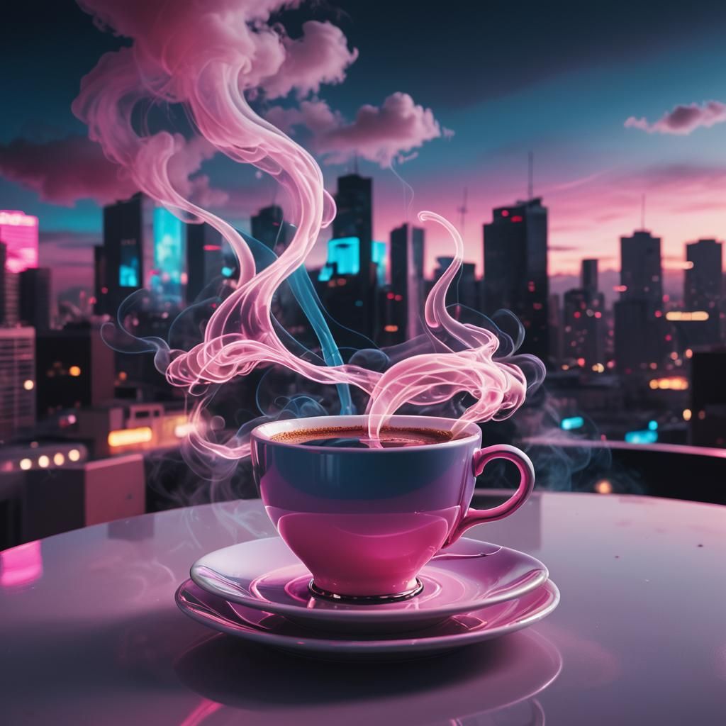 Synthwave Coffee Cup with Neon Cityscape Steam