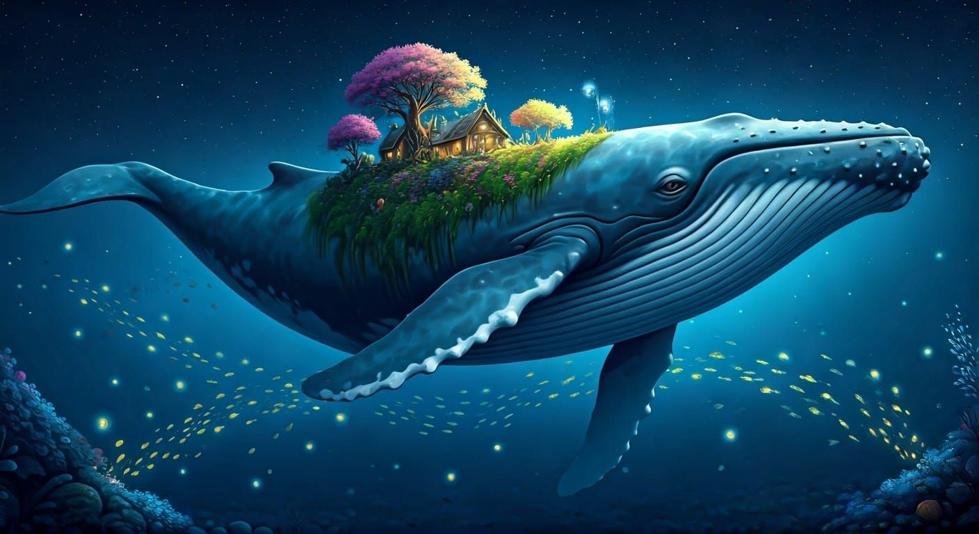 Ethereal Blue Whale Glides Through Starry Night Sky