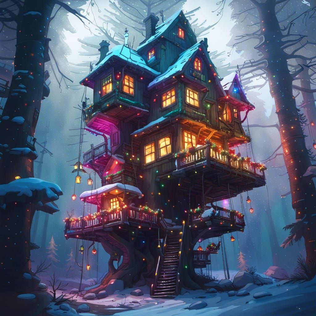 Snowy Christmas Treehouse with Coloured Lights