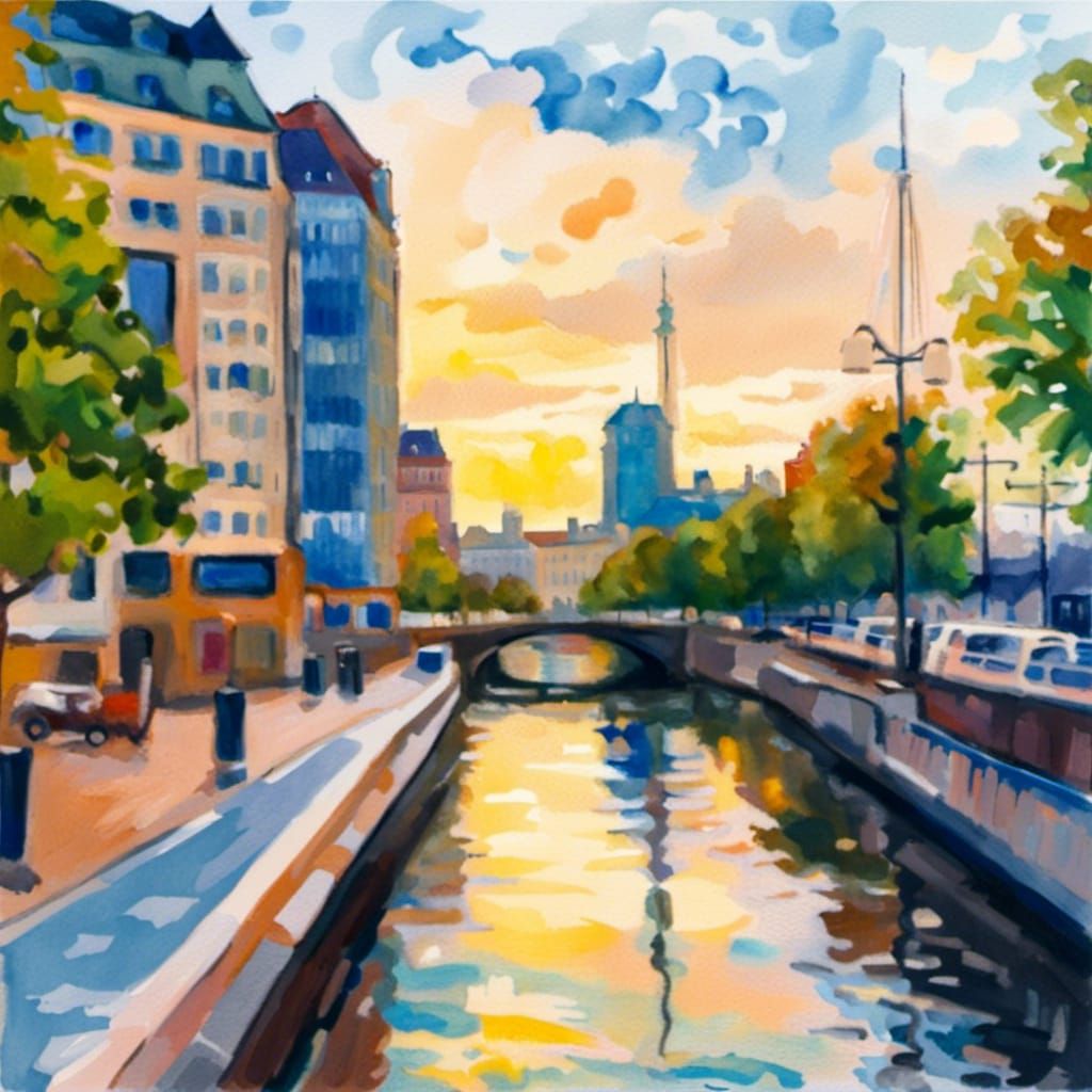 Leipzig City Harbor in Gouache Impressionist Style