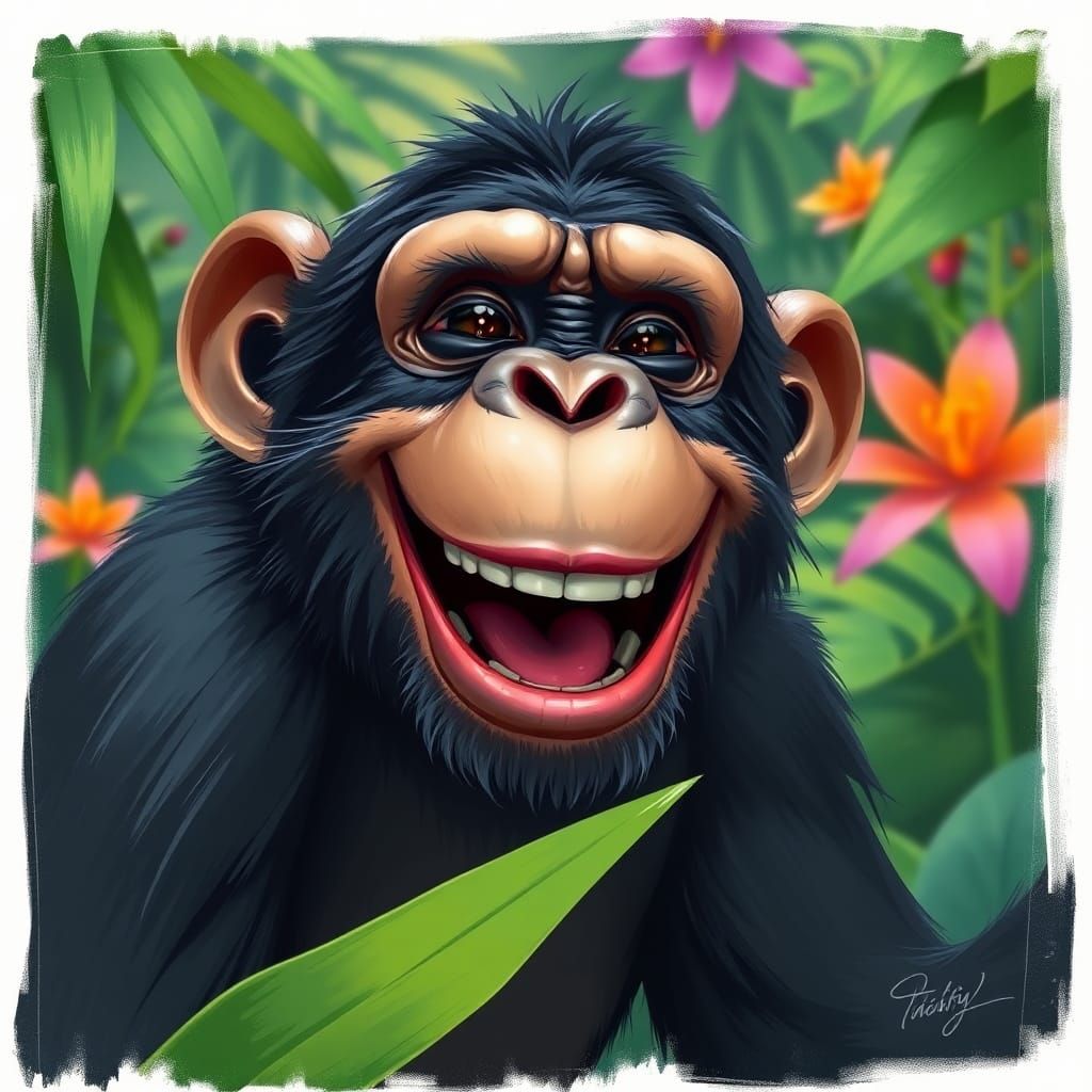 Joyful Chimpanzee Laughing in Lush Jungle, Digital Art