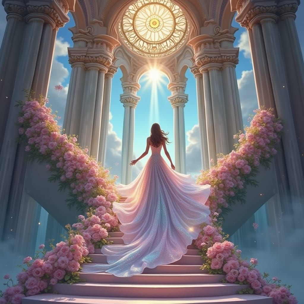 Celestial Queen Ascends in Iridescent Gown, amidst Whimsical...