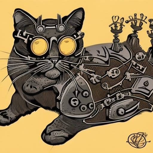 Steampunk Cyborg Cat Comic Art