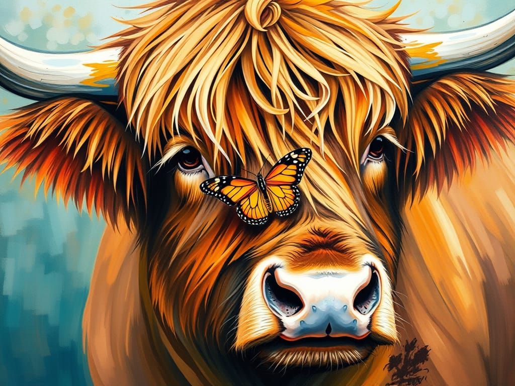 Highland Cow with Butterfly: Abstract Art in Vivid Colors
