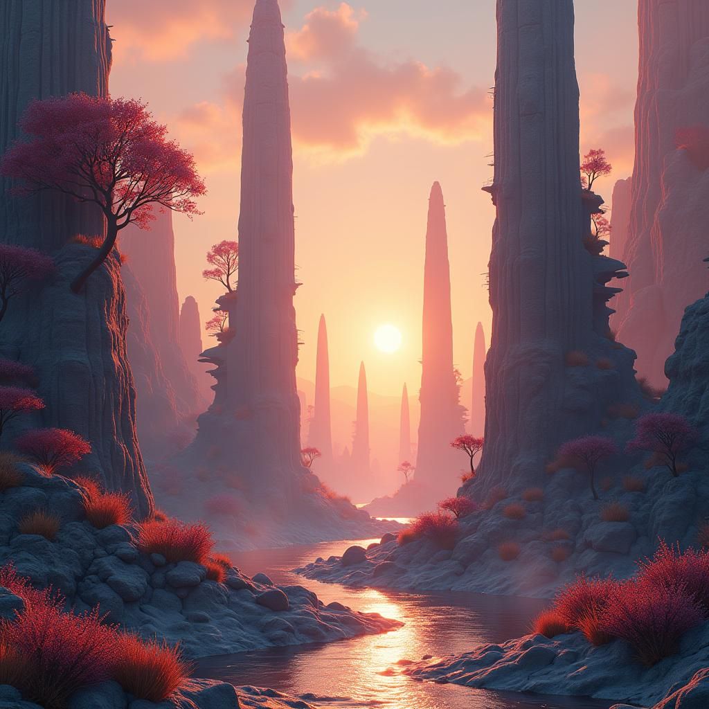 Mystical Realm with Organic Structures and Sunset