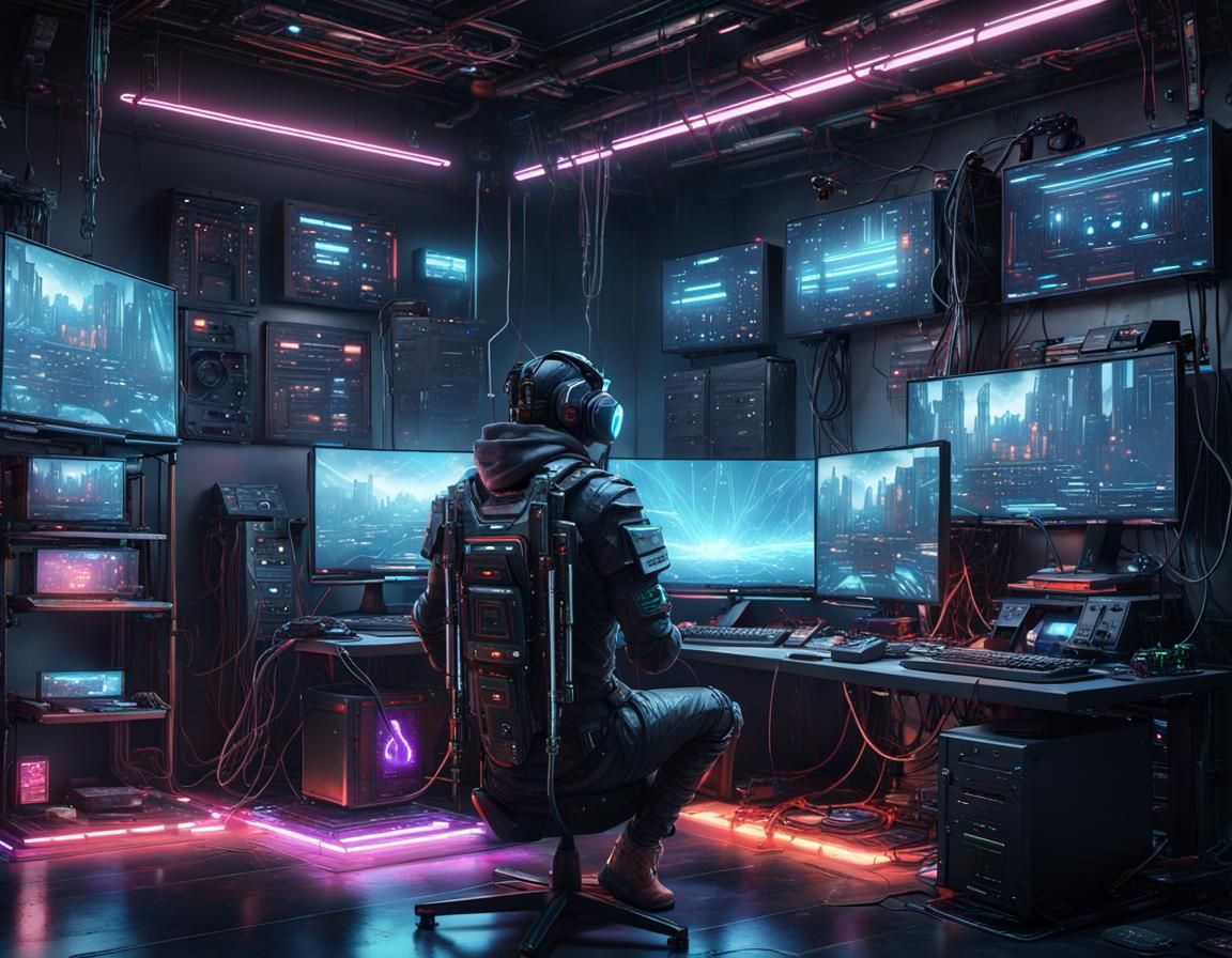 Cyberpunk Gaming PC Setup in a Sci-Fi Style