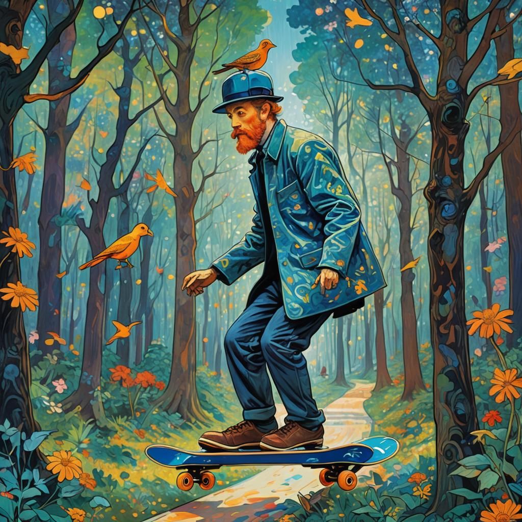 Surreal Skateboarder in Dreamlike Forest, Vibrant Art