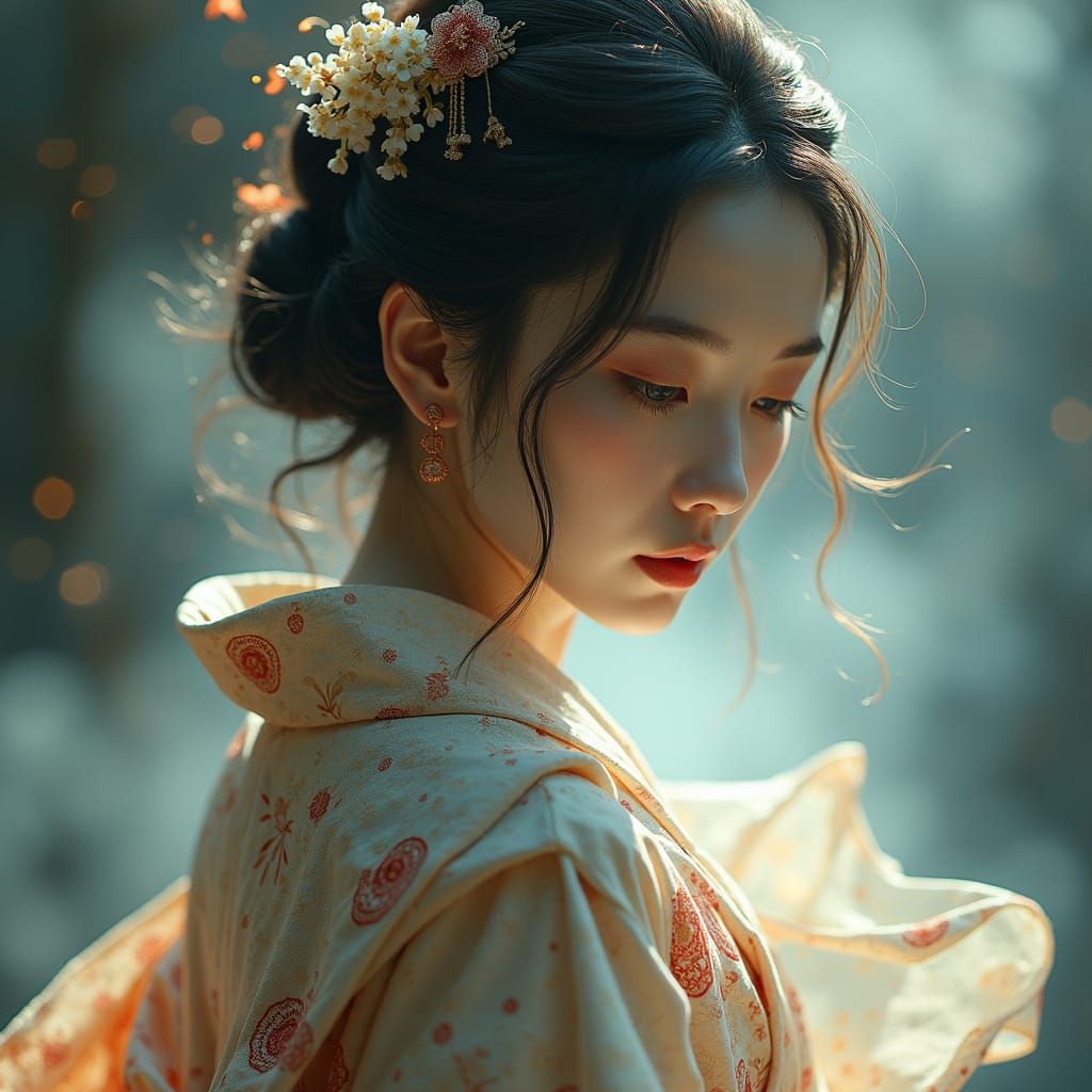 Japanese Woman in Kimono with Ethereal Lighting
