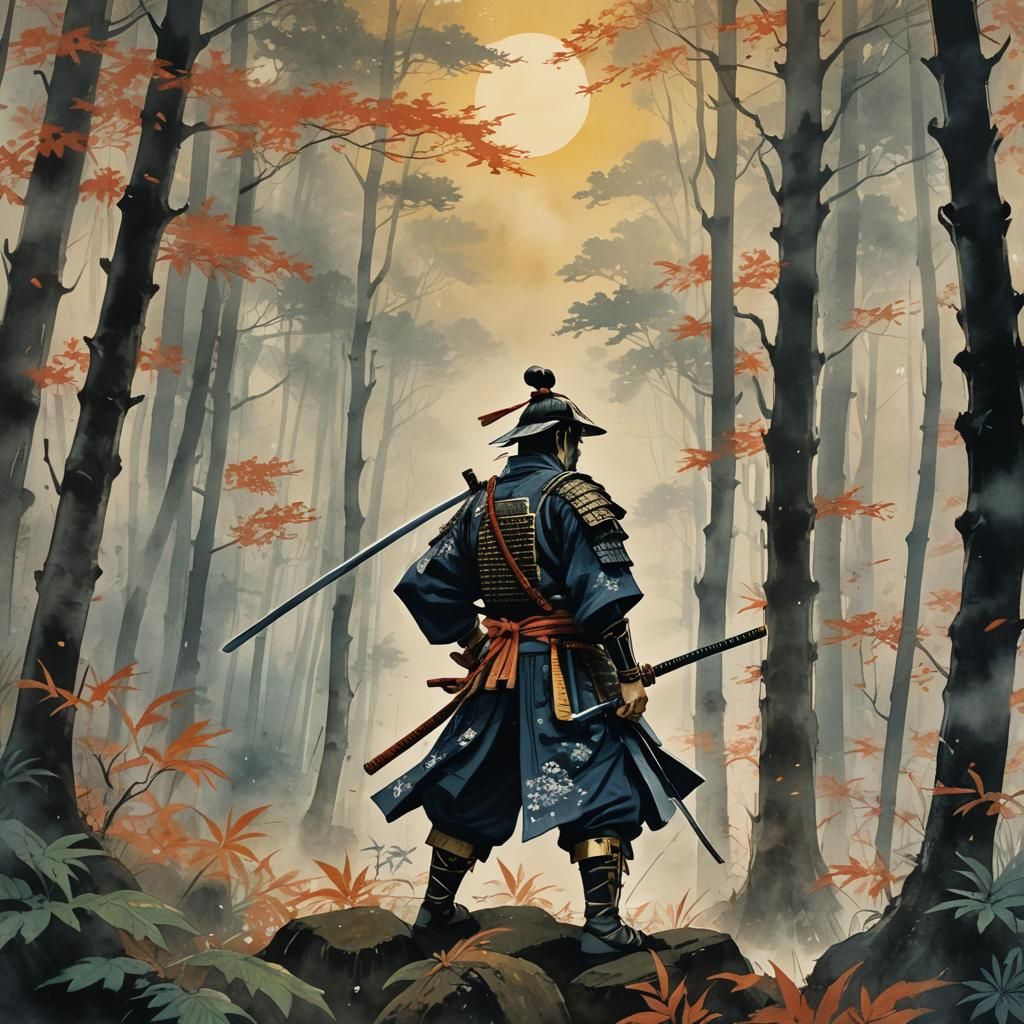 Samurai in Misty Forest, Ukiyo-e Style