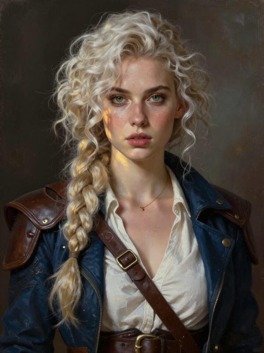 Dark Oil Portrait of a Confident Woman in Post-Apocalyptic G...