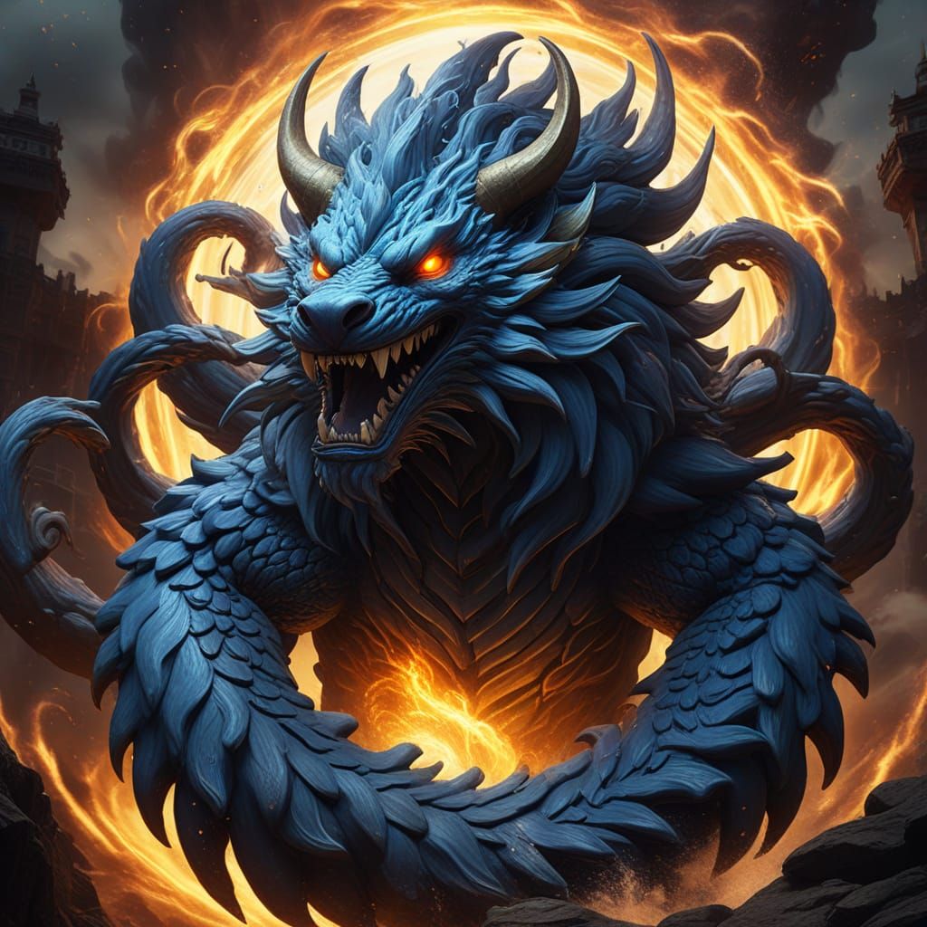 Majestic Nine-Tailed Beast Emerges from Vortex in Vibrant Ma...