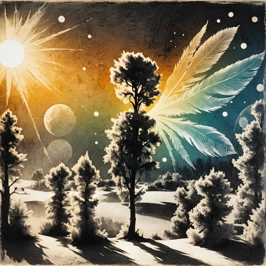 Dramatic Solarized Rayograph with Crescent Moon and Shadows